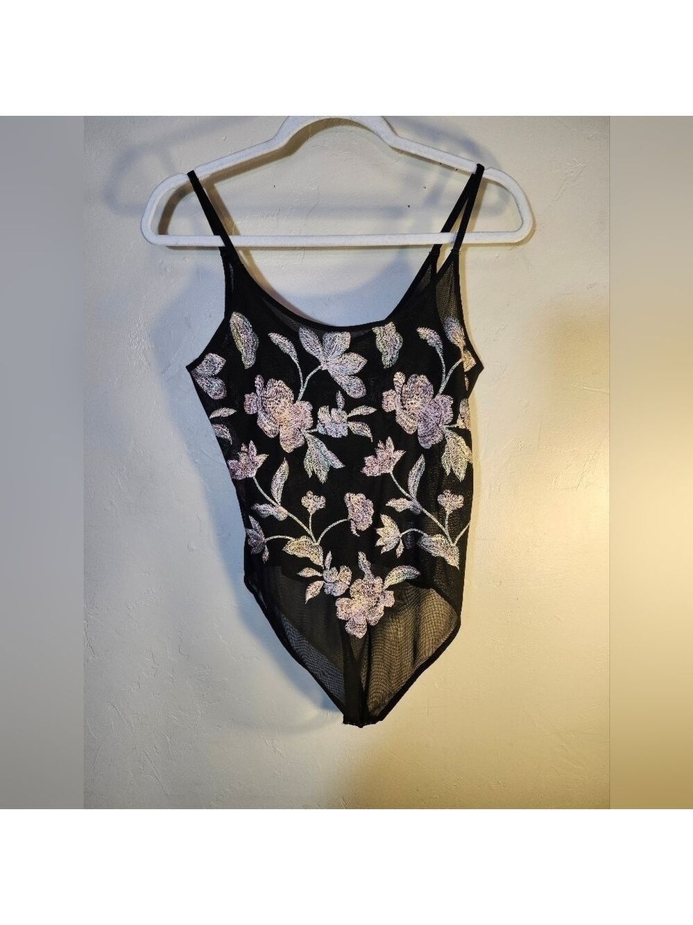 Express bodysuit sheer embroidered floral front & back spaghetti straps sz M